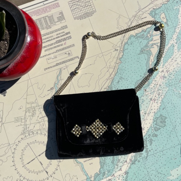 Vintage 90s Black Velvet Studded Evening Purse / Clutch - Picture 2 of 8